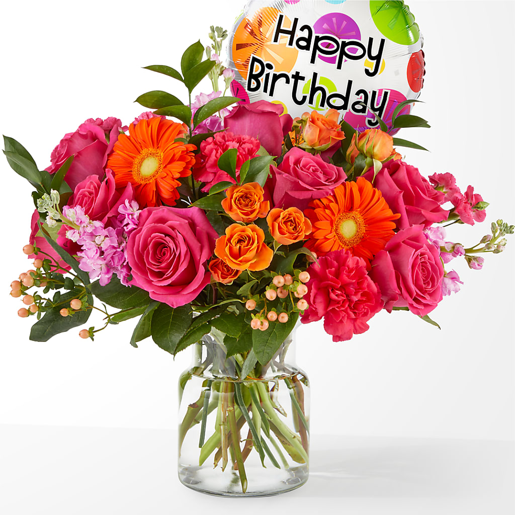 Fiesta Bouquet with Birthday Balloon – Simply Flowers, Los Angeles CA
