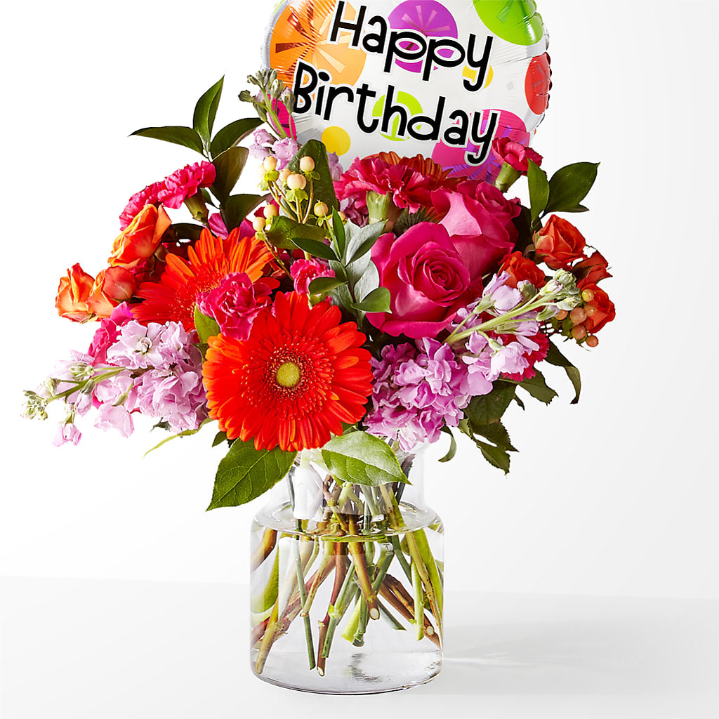 Fiesta Bouquet with Birthday Balloon – Simply Flowers, Los Angeles CA