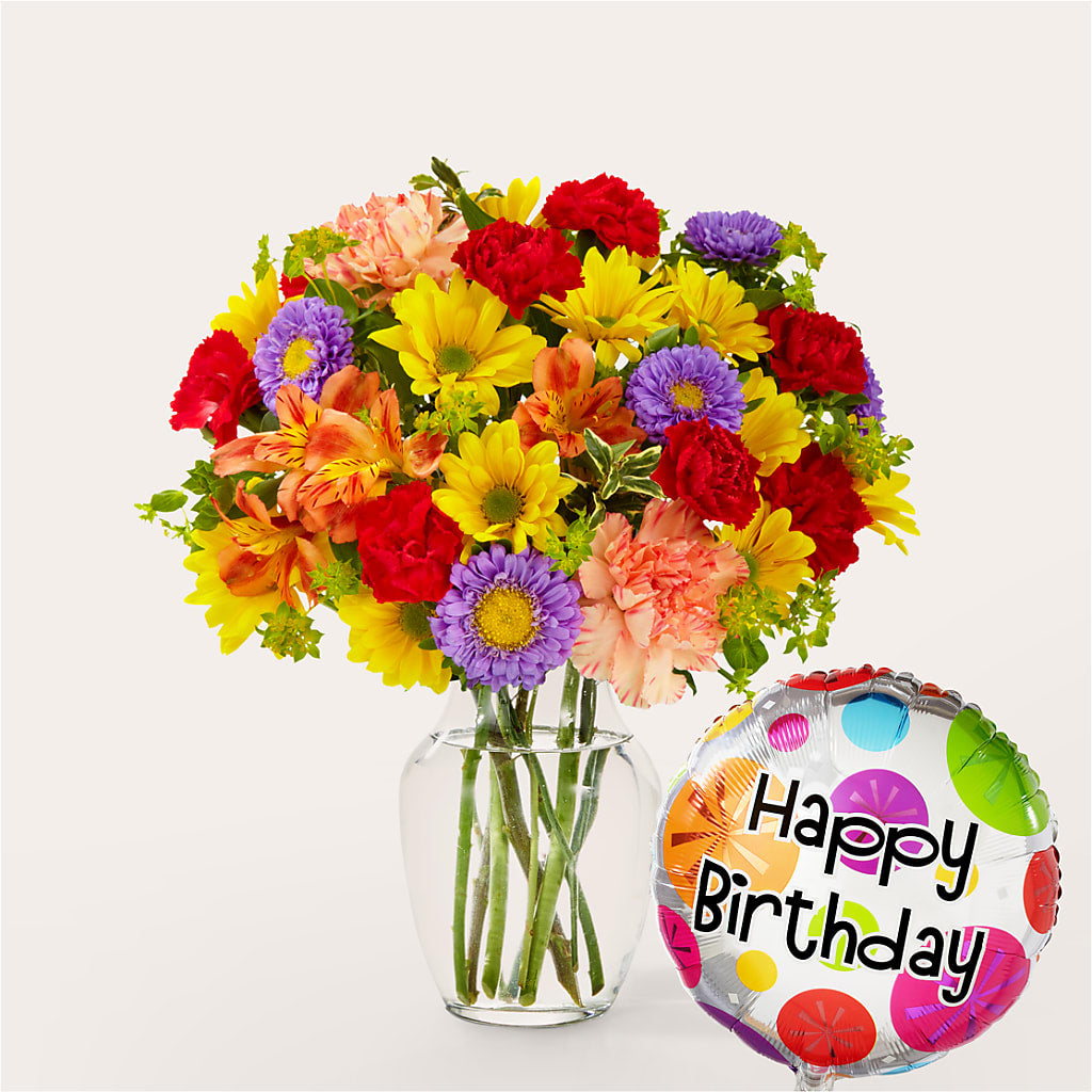 Kaleidoscope Bouquet with Birthday Balloon – Simply Flowers, Los Angeles CA