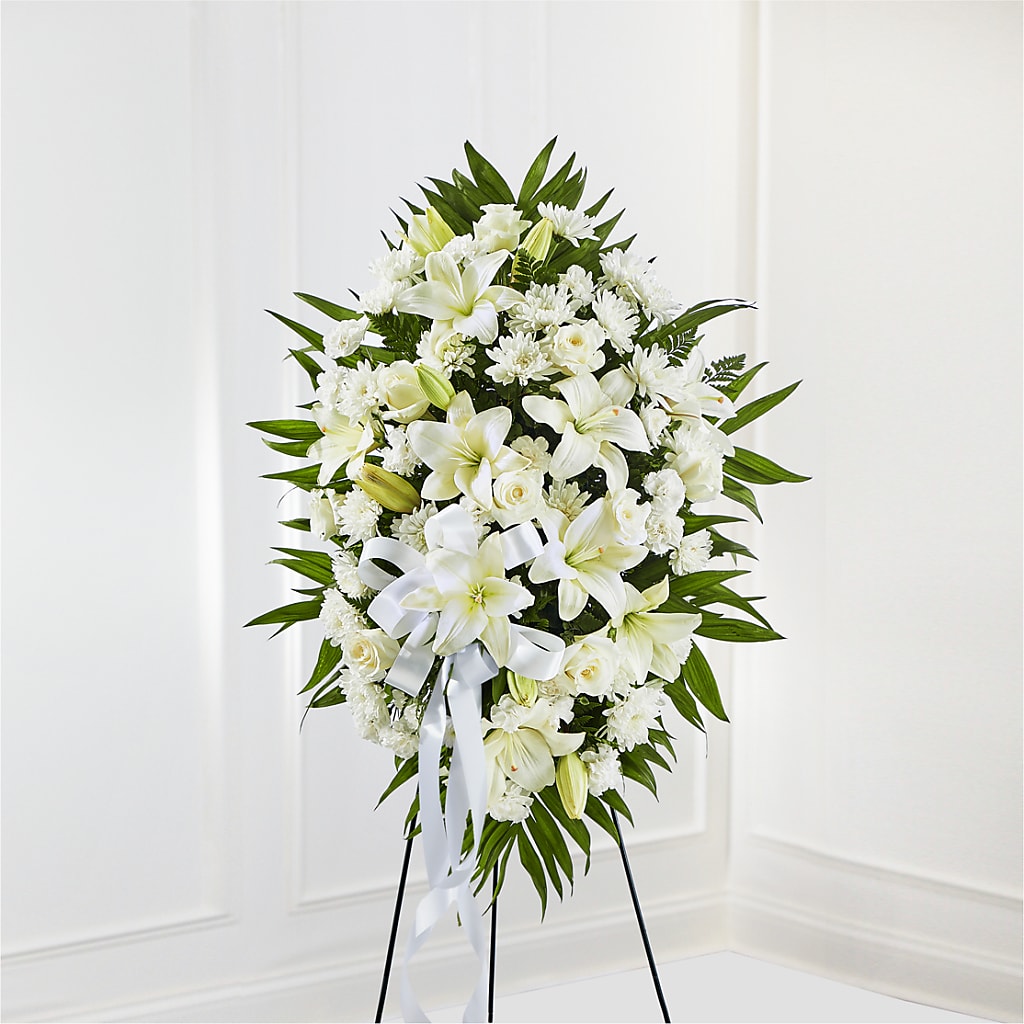 Exquisite Tribute Standing Spray-White Ribbon – Simply Flowers, Los Angeles CA