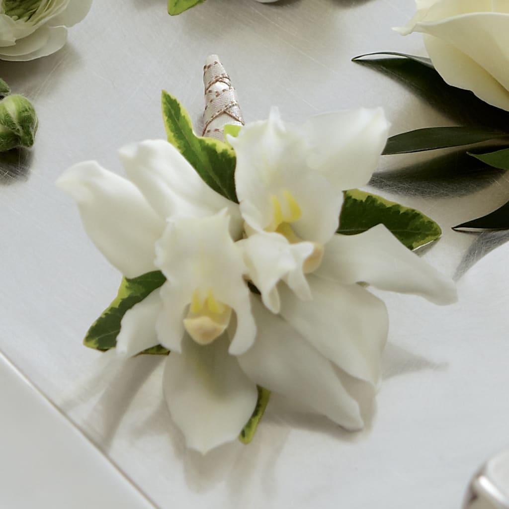 White Mini Cymbidium Boutonniere – Simply Flowers, Los Angeles CA